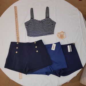 1 Navy Blue & White Stripe Crop Top and 3 Navy Blue Shorts from Forever 21